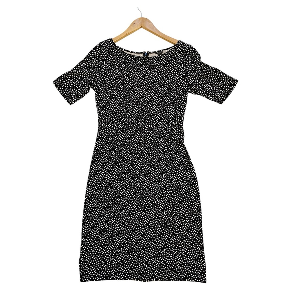 ANN TAYLOR petite dress polka dot black faux wrap zipper back knit stretch 2P